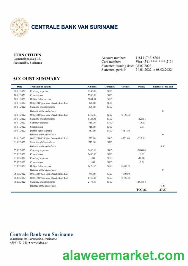 Suriname Centrale Bank Van Suriname bank statement template in Word and PDF format